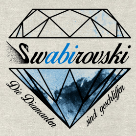 Grafik eines Diamanten mit dem Text "Swabirovski Die Diamanten sind geschliffen" in Schwarz und Blau.