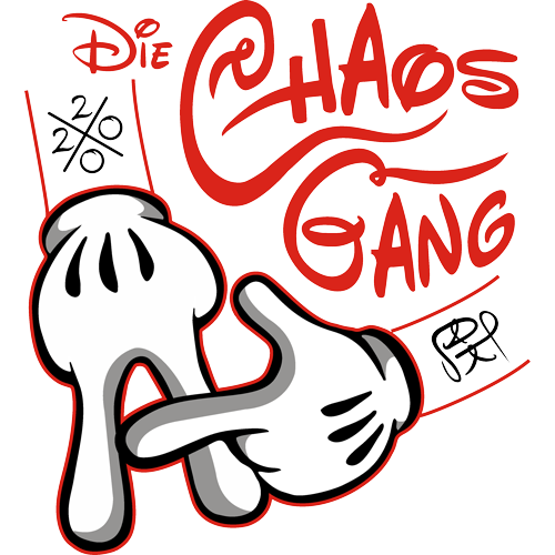 Weißes Logo mit einem Cartoon-Handcharakter, der eine Brille hält, umgeben von roter Schrift "Die Chaos Gang".