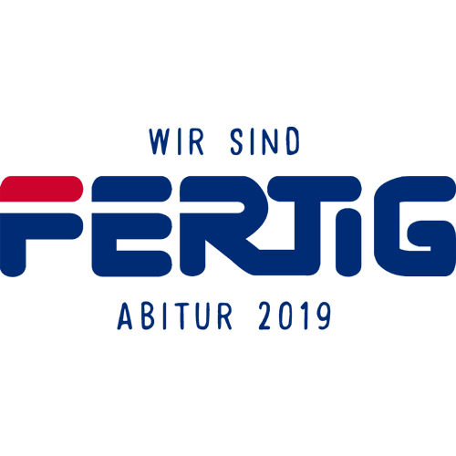 Grau meliertes T-Shirt mit der Aufschrift "WIR SIND FERTIG ABITUR 2019" in blau und rot.