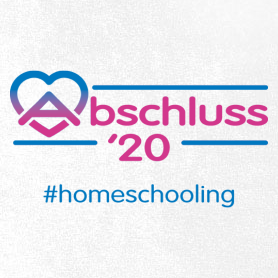 Grafik mit Text "Abschluss '20" und "homeschooling", Herz und Buchsymbol in Blau und Pink auf weißem Grund.