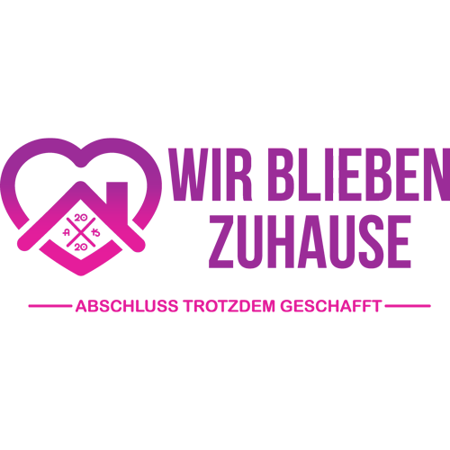 Schwarzes T-Shirt mit rosa Aufdruck "WIR BLEIBEN ZUHAUSE" und "ABSCHLUSS TROTZDEM GESCHAFFT", umrahmt von zwei verbundenen Herzen.