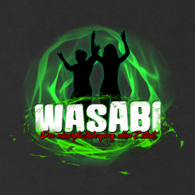 Zwei Silhouetten feiern mit erhobenen Armen vor grünem, leuchtendem Hintergrund mit der Aufschrift "WASABI".