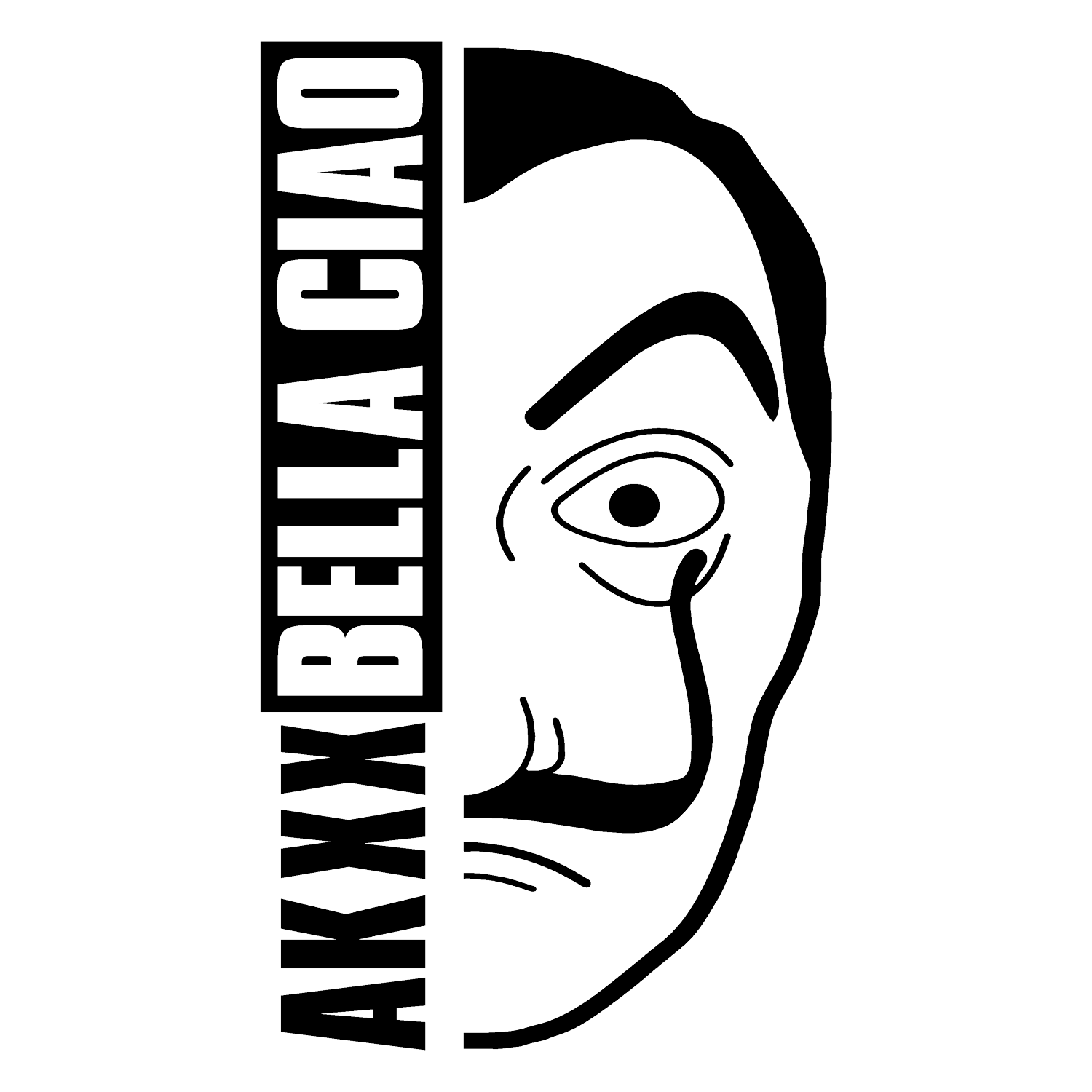 Schwarze Grafik eines maskierten Gesichts mit dem Text "Bella Ciao" seitlich.