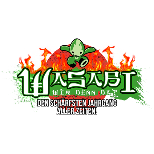 Grünes Wasabi-Logo mit Flammen, Text "Den schärfsten Jahrgang aller Zeiten!" auf gelbem Hintergrund.