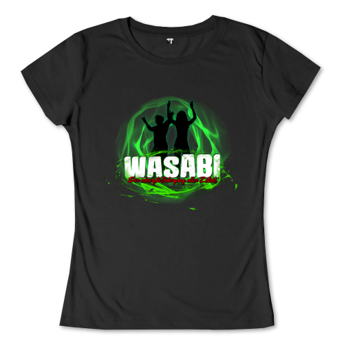 Zwei Silhouetten feiern mit erhobenen Armen vor grünem, leuchtendem Hintergrund mit der Aufschrift "WASABI".