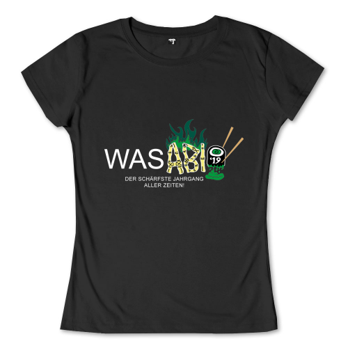 Schwarzes T-Shirt-Design mit "WASABI 19", grüner Flammengrafik und einer Wasabipaste-Darstellung.