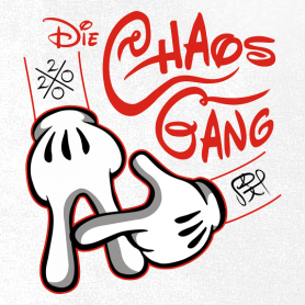 Weißes Logo mit einem Cartoon-Handcharakter, der eine Brille hält, umgeben von roter Schrift "Die Chaos Gang".