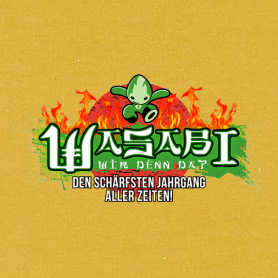 Grünes Wasabi-Logo mit Flammen, Text "Den schärfsten Jahrgang aller Zeiten!" auf gelbem Hintergrund.