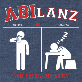 Grafik auf T-Shirt mit Wort "ABILANZ", Figuren trinken und schlafen, Texte "Aktiva", "Passiva".