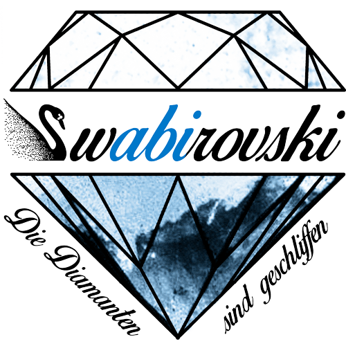 Grafik eines Diamanten mit dem Text "Swabirovski Die Diamanten sind geschliffen" in Schwarz und Blau.