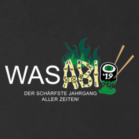 Schwarzes T-Shirt-Design mit "WASABI 19", grüner Flammengrafik und einer Wasabipaste-Darstellung.