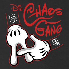 Weißer Cartoon-Handcharakter auf schwarzem Hintergrund mit roter Aufschrift "Die Chaos Gang".